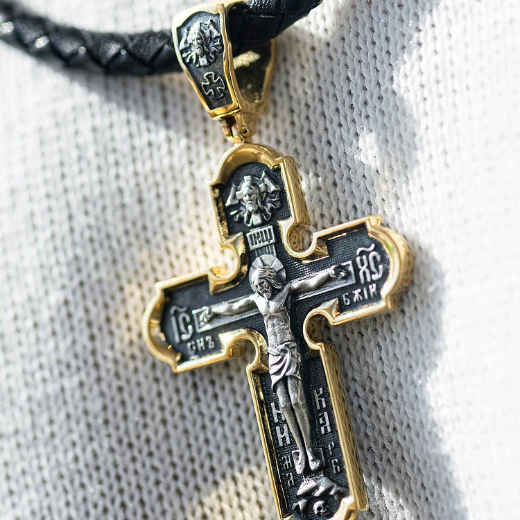 Православный серебряный крест "Распятие Христово. Спас Нерукотворный. Икона Божией Матери знамение. Святитель Николай" 133095 от ювелирного магазина Оникс - 3