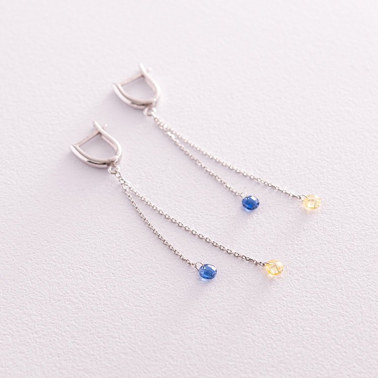 Висячие золотые серьги "Украинка" (голубые и желтые фианиты) с08102 от ювелирного магазина Оникс