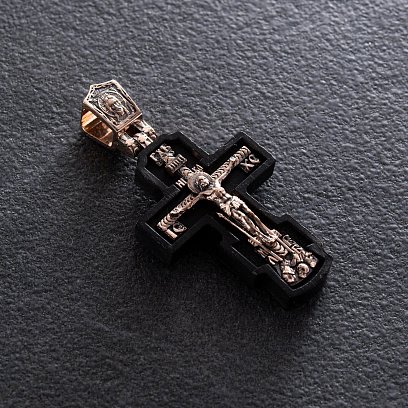 Золотий хрест "Розп'яття. Пресвята Богородиця" з ебеновим деревом 632зч №6