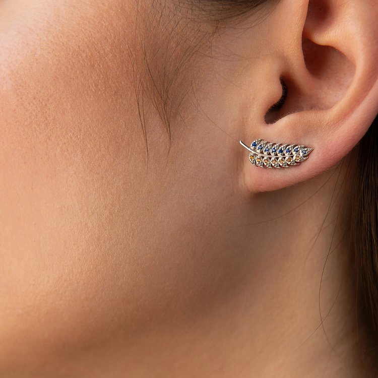 Срібні сережки - клаймбери "Колоски пшениці" (сині та жовті фіаніти)  OR132790 від ювелірного магазину Онікс - 1