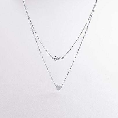 Двойное колье "Love и сердечко" (белое золото) кол02621