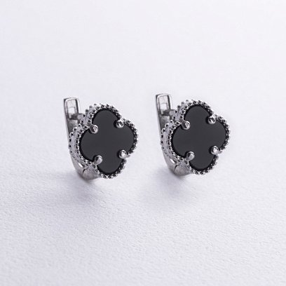 Срібні сережки "Конюшина" з оніксом 122003