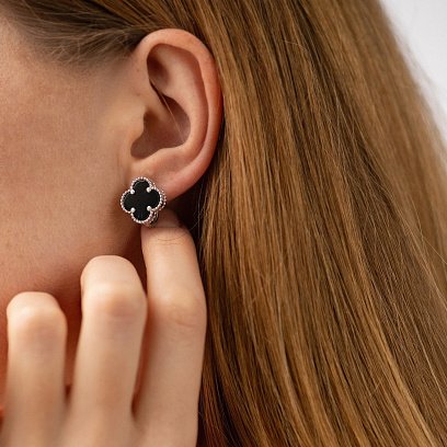 Срібні сережки "Конюшина" (онікс) 123370 №4