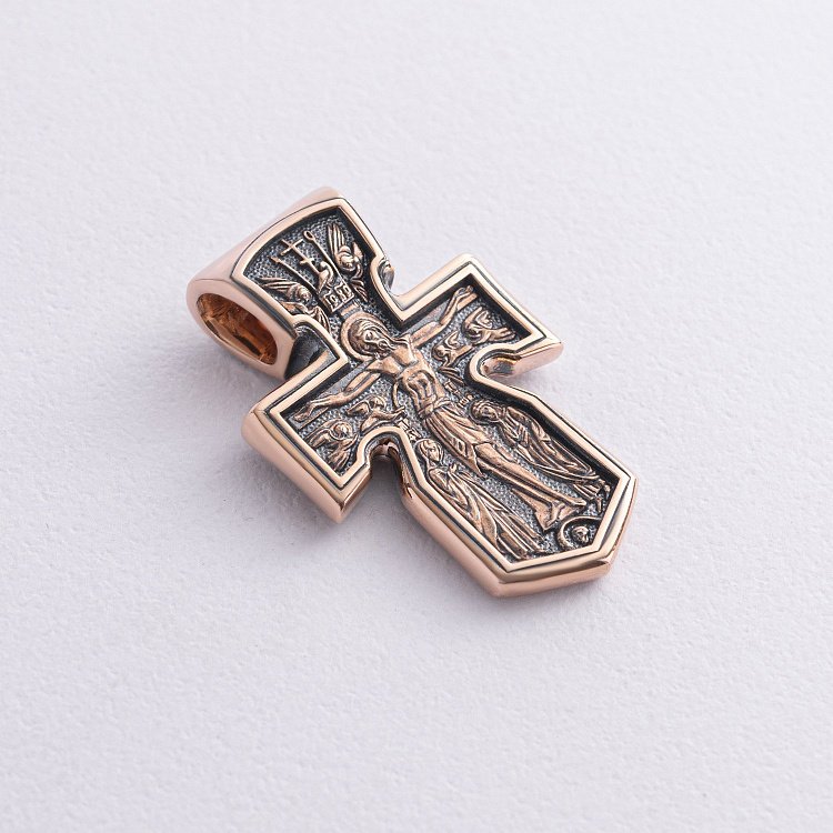 Золотий хрестик "Розп'яття. Архангел Михаїл. Божа Матір" Знамення "з чорнінням п02534 від ювелірного магазину Онікс