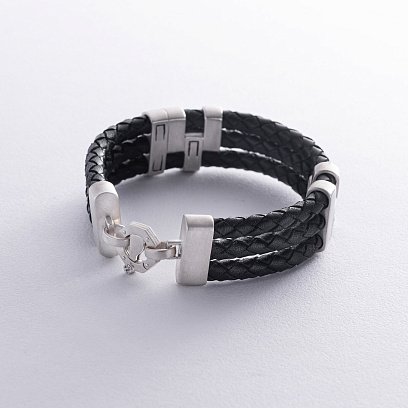 Чоловічий срібний браслет з фіанітами (шкіра) 368 №8