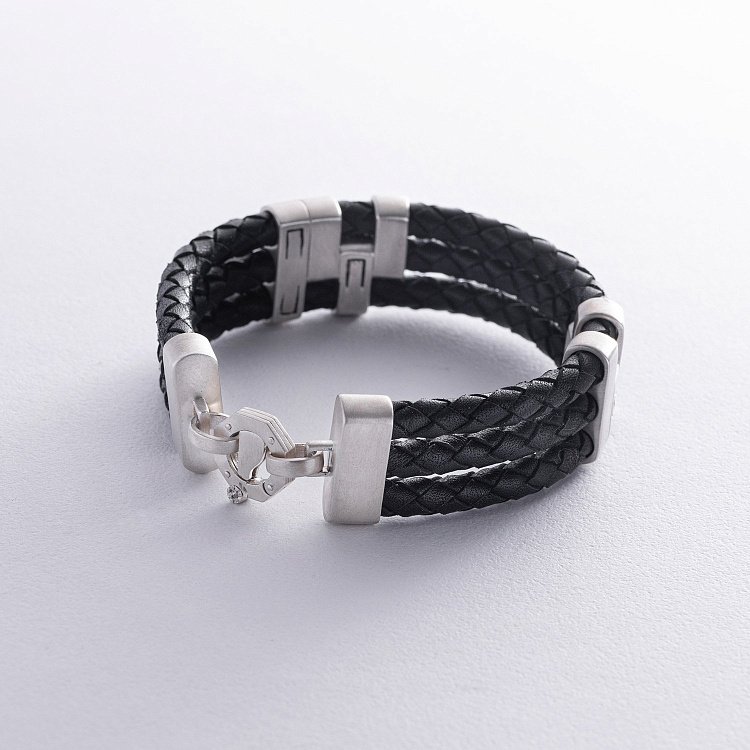 Чоловічий срібний браслет з фіанітами (шкіра) 368 від ювелірного магазину Онікс - 7