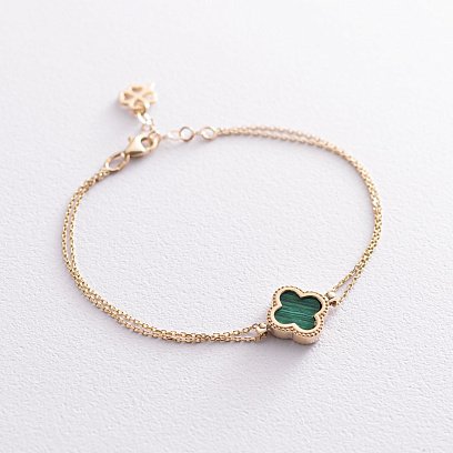 Браслет "Конюшина" в жовтому золоті (малахіт) б04558