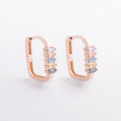 Золоті сережки "Emma" з різнокольоровими фіанітами с09679