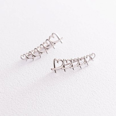 Серьги - клаймберы "Сердечки" в белом золоте с07123