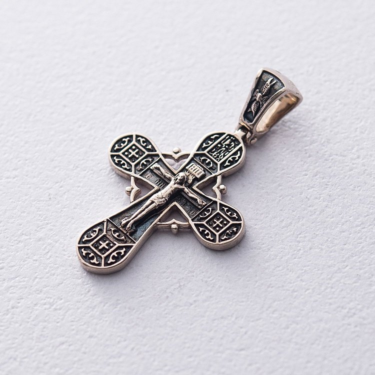 Золотой крестик "Распятие. Cпаси и Сохрани" с чернением п03213 от ювелирного магазина Оникс