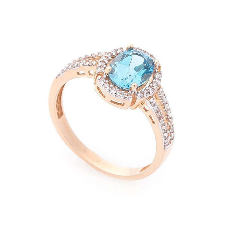 Золотое кольцо с голубым топазом и фианитами к04645 Золотое кольцо с голубым топазом и фианитами к04645 от ювелирного магазина Оникс