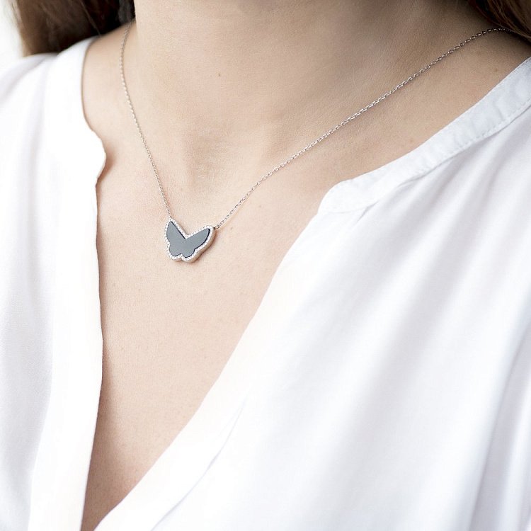 Серебряное колье "Бабочка" с фианитами и ониксом 18335 от ювелирного магазина Оникс - 4