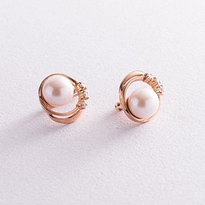 Золоті сережки з фіанітами і перлами с01636 №3