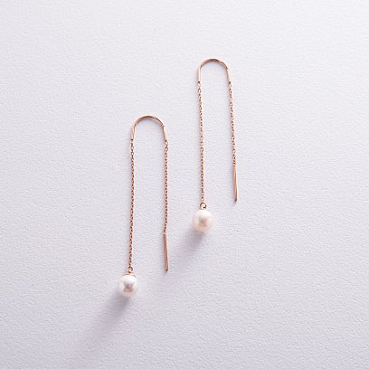 Серьги - протяжки с жемчугом (красное золото) с08268