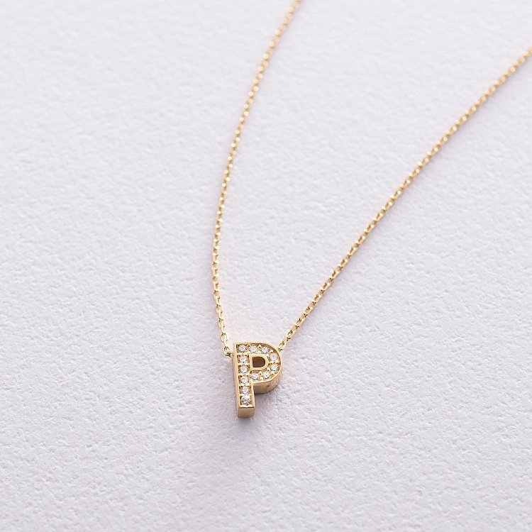 Колье с буквой "Р" в желтом золоте (фианиты) кол01165Р от ювелирного магазина Оникс