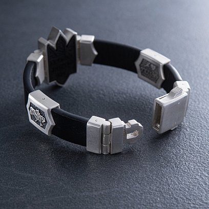 Чоловічий срібний браслет "Герб України - Тризуб" (шкіра, ебен) 1079 №5