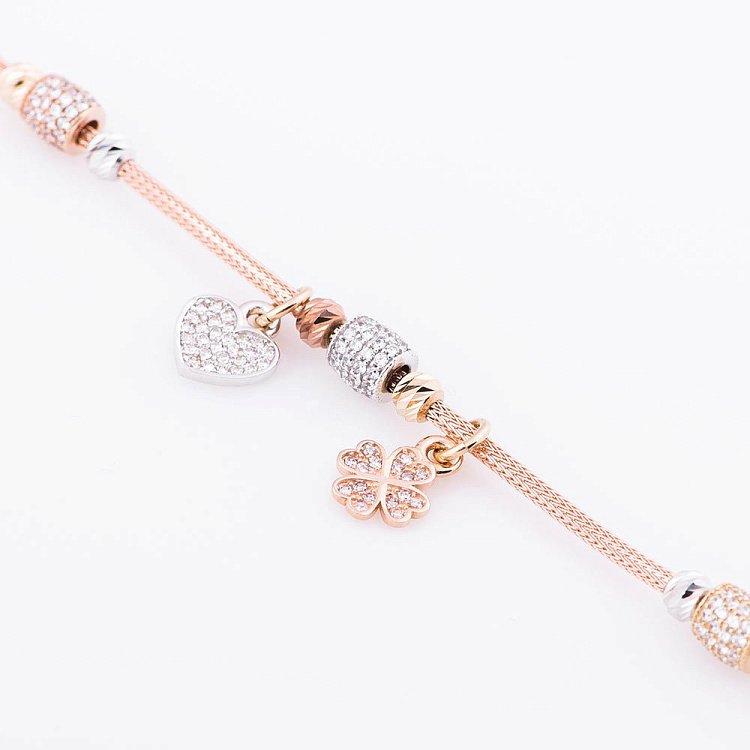 Золотой браслет "Сердце и клевер" с фианитами б02659 от ювелирного магазина Оникс - 1