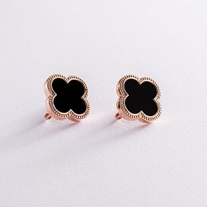 Золотые серьги "Клевер" с ониксом с07538