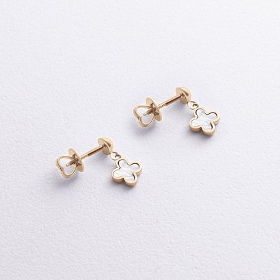 Золотые серьги - пусеты "Клевер" (перламутр) с09288 №2
