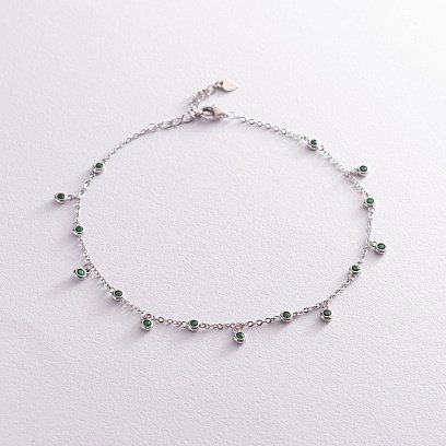 Срібний браслет з зеленими фіанітами на ногу 141572