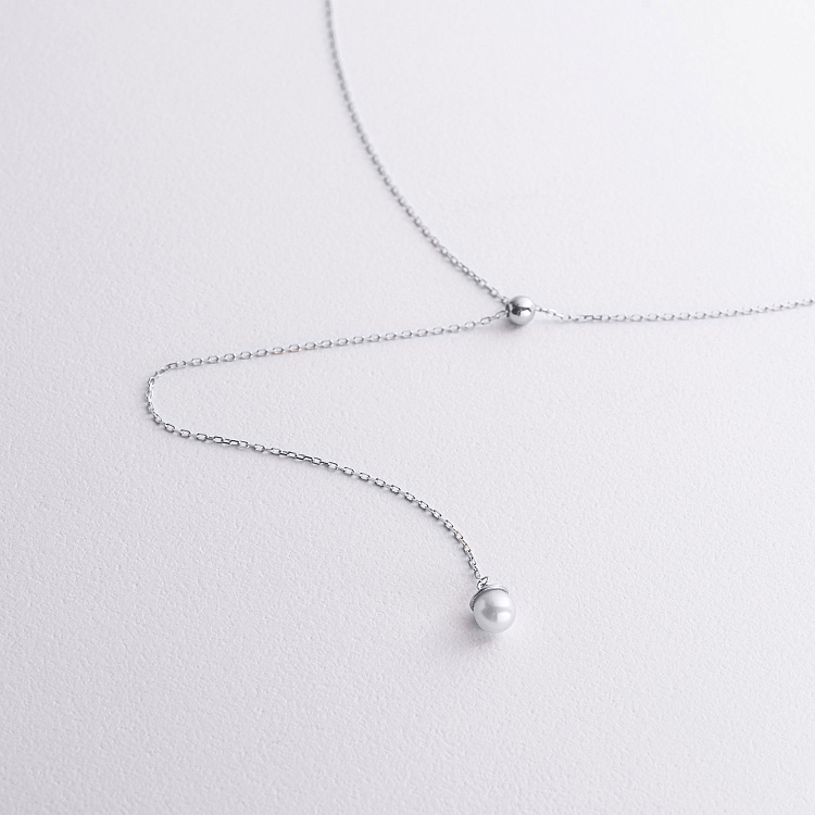 Кольє - краватка "Перлина на ланцюжку" в білому золоті (регульована довжина) кол02636 від ювелірного магазину Онікс - 1