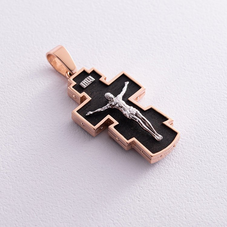 Чоловічий православний хрест з ебенового дерева та золота "Розп'яття. Спаси та Збережи" п0025 від ювелірного магазину Онікс - 4