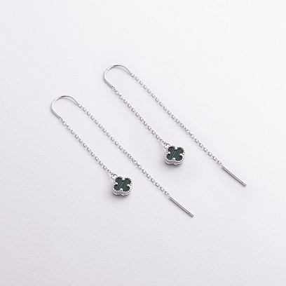 Серебряные серьги - протяжки "Клевер" с малахитом 123510