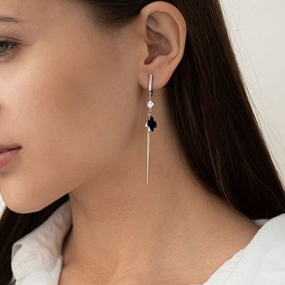 Серебряные серьги "Клевер" (эмаль, фианит) 122806 №2