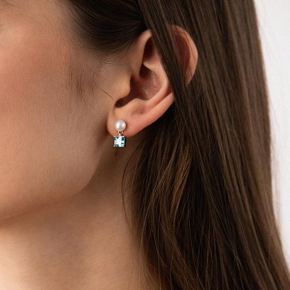 Золоті сережки - пусети "Альма" (блакитні фіаніти, перли) с08253 №6