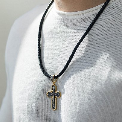 Православный серебряный крест "Распятие Христово. Спас Нерукотворный. Икона Божией Матери знамение. Святитель Николай" 133095 №2