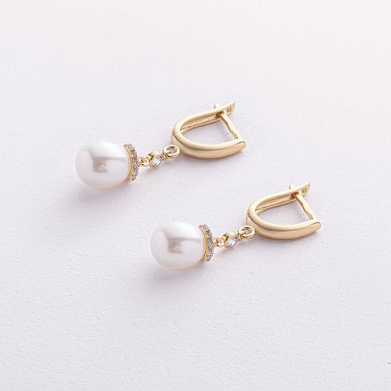 Серьги с жемчугом и фианитами (желтое золото) с09691 №3