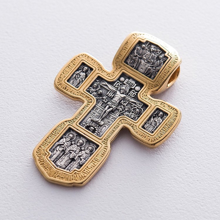 Серебряный крест "Распятие Христово.Святая Троица. Свт. Николай Чудотворец. Мч. Трифон. Три святителя. Икона Божией матери "Толгская". Ангел Хранитель. Прп. Сергий Радонежский. Свт. Спиридон Тримифунский" 132971 от ювелирного магазина Оникс - 5