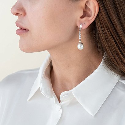 Срібні сережки (штучні перли, фіаніти) 121240 №2