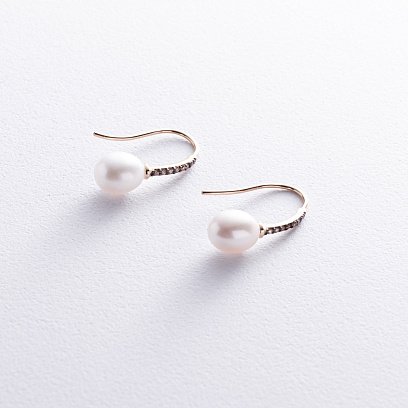 Золотые серьги - петельки "Оливия" с жемчугом и фианитами с08514 №5