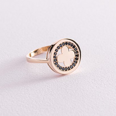 Кольцо "Клевер" в желтом золоте (черные фианиты) к06938