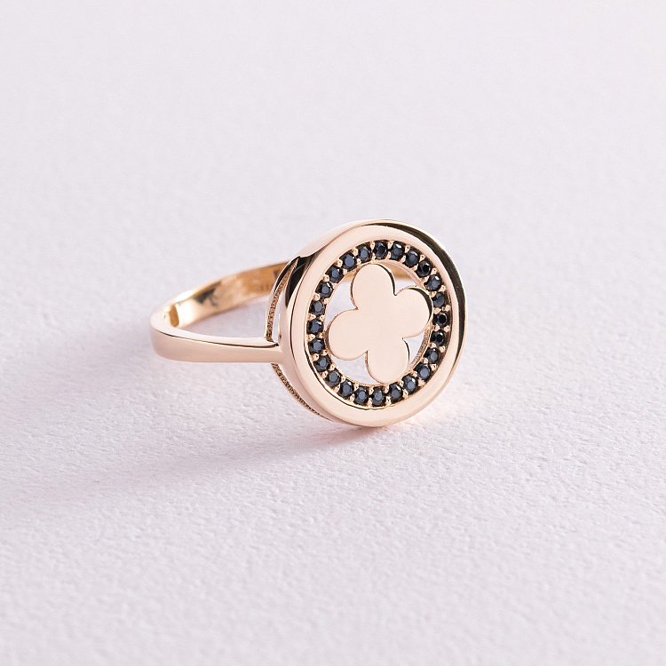 Кольцо "Клевер" в желтом золоте (черные фианиты) к06938 от ювелирного магазина Оникс