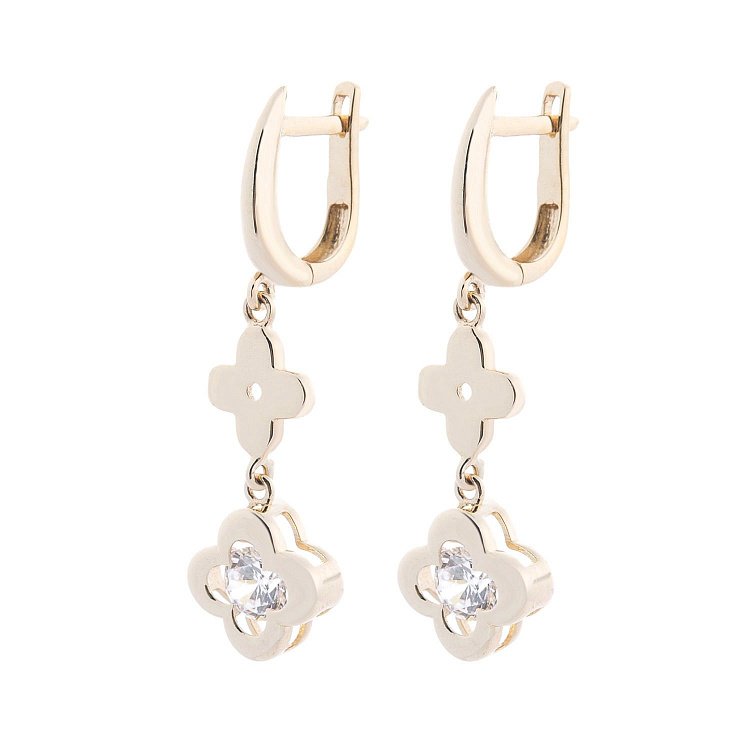Золотые серьги "Клевер" с фианитами с05050 от ювелирного магазина Оникс