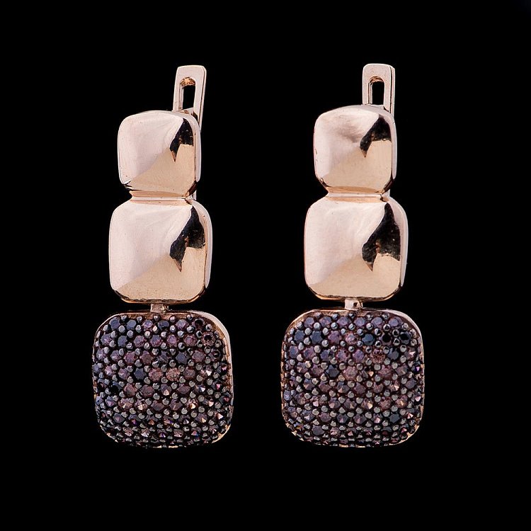 Золотые серьги с чёрными и коричневыми фианитами с04518 от ювелирного магазина Оникс