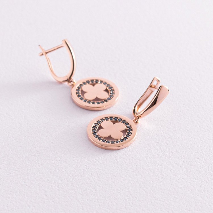 Серьги "Клевер" в красном золоте (черные фианиты) с07691 от ювелирного магазина Оникс - 2