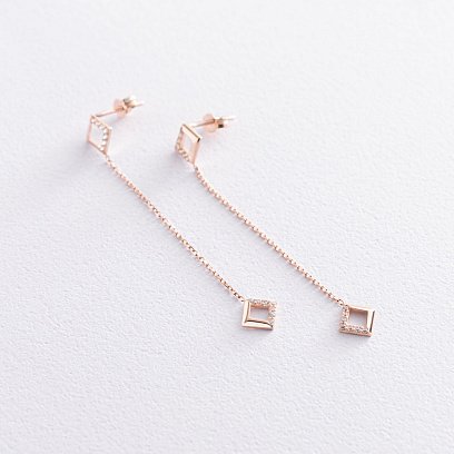 Золоті сережки "Ромб" на ланцюжку (фіаніти) с07268 №2