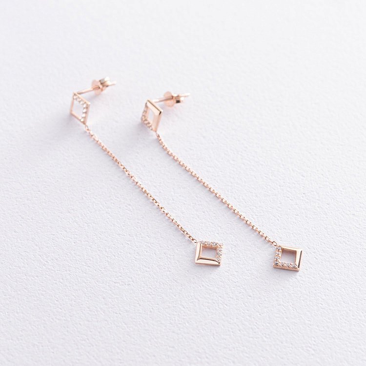 Золоті сережки "Ромб" на ланцюжку (фіаніти) с07268 від ювелірного магазину Онікс - 1