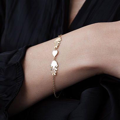 Браслет "Дві дівчинки та сердечко" в жовтому золоті (фіаніти) б05657 №2