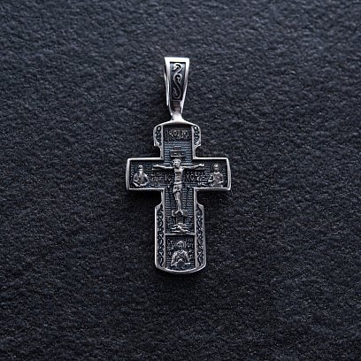 Срібний православний хрестик "Розп'яття Христове. Деісус. Ікона Божої Матері "Всецариця". Вмч. Пантелеймон" 133098