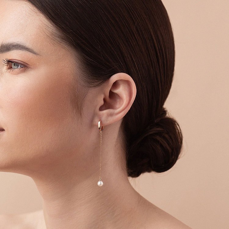 Серьги - кольца "Жемчужина на цепочке" в красном золоте с08355 от ювелирного магазина Оникс - 2