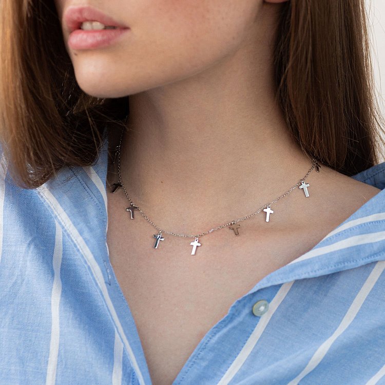 Серебряное колье "Крестики" (9 шт) 181034 от ювелирного магазина Оникс