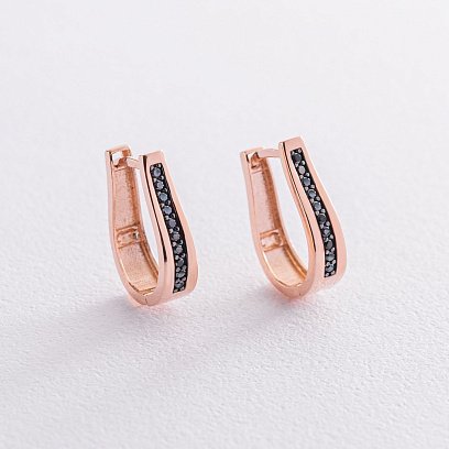 Золотые серьги с черными фианитами с07399