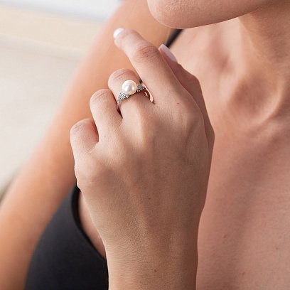 Срібна каблучка з перлами і фіанітами 1808/1р-PWT №2