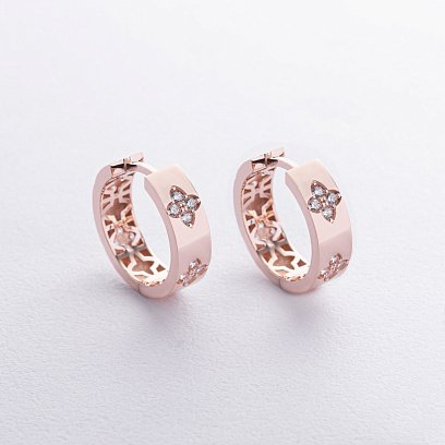 Сережки - кільця "Конюшина" в червоному золоті (фіаніти) с08890