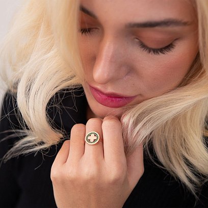 Каблучка "Конюшина" в червоному золоті (зелені фіаніти) к06945 №4