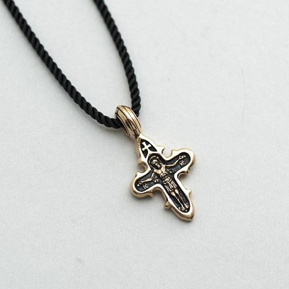 Золотой православный крестик "Распятие Христово. Икона Божией Матери" (чернение) п02657 №5